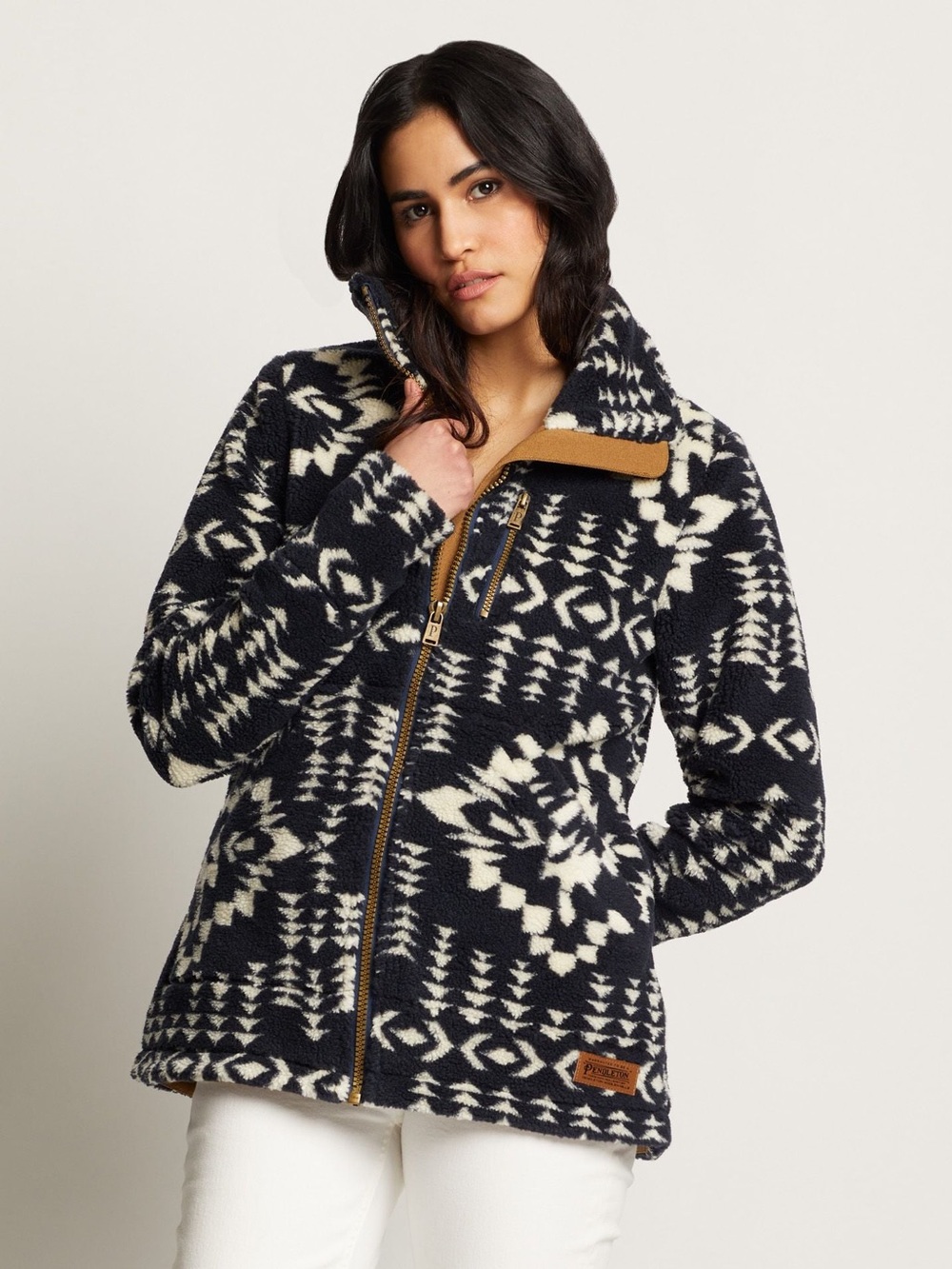 Pendleton Alder Berber Fleece Jacket Womens S Juniper Mesa Navy/Black Geometric